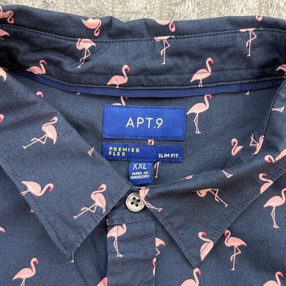 Apt.9 Shirt Mens XXL Preppy Navy Pink Flamingo‎ Short Sleeve Button Up Slim Fit - Picture 4 of 7